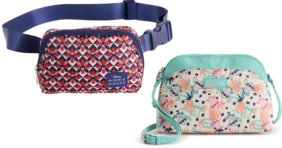 stock images of disney minnie mouse retro fanny pack and tropical stitch print crossbody