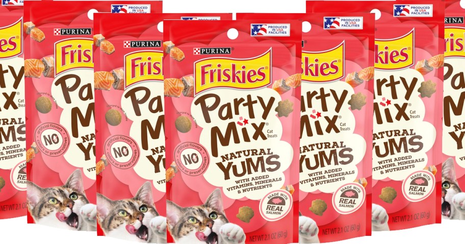 multiple red bags of Friskies Cat Treats in a row