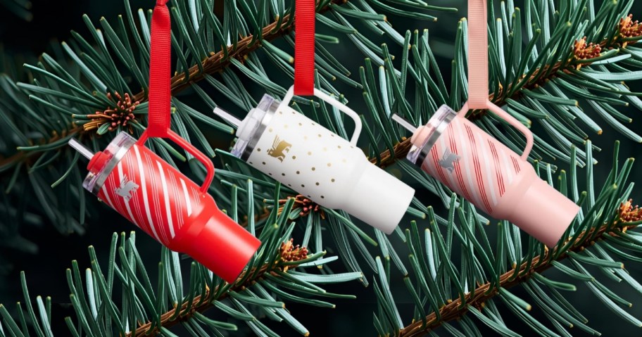 3 mini Stanley Tumbler ornaments on a Christmas tree
