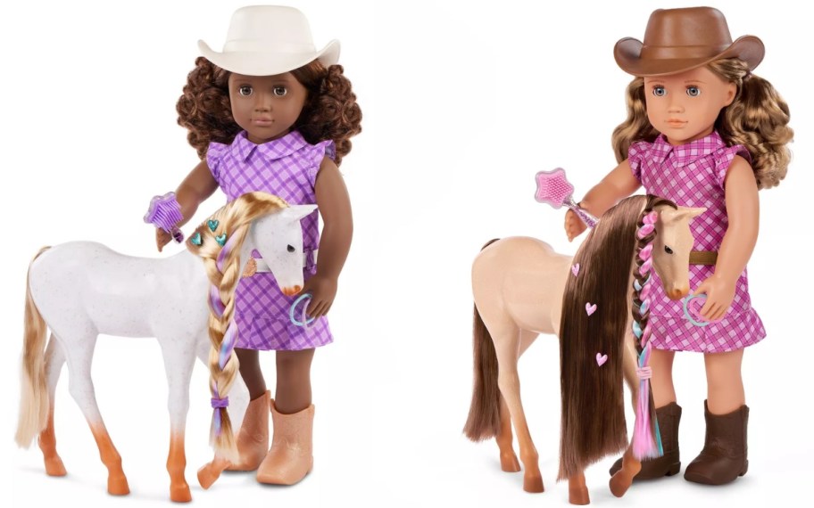 two dolls in western outfits and cowboy hats with toy ponies