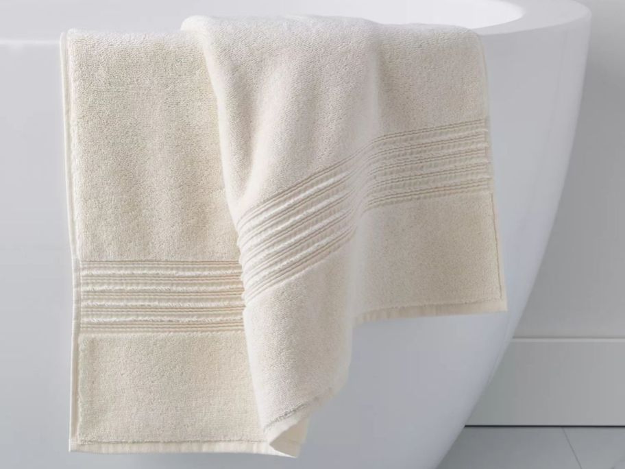 Hotel Collection Turkish Bath Towel hanging over tub