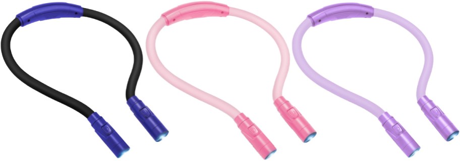 Three flexible LED neck reading lights displayed side-by-side on a white background, featuring black with blue ends, light pink, and light purple models.