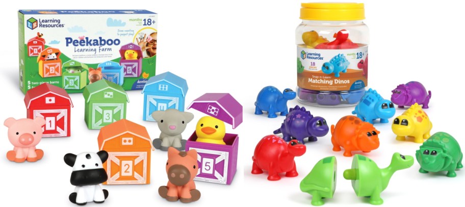Learning Resources toys displayed side by side, featuring the Peekaboo Learning Farm set with numbered barns and farm animals on the left and the Snap-n-Learn Matching Dinos set with colorful dinosaur figures and a storage jar on the right.