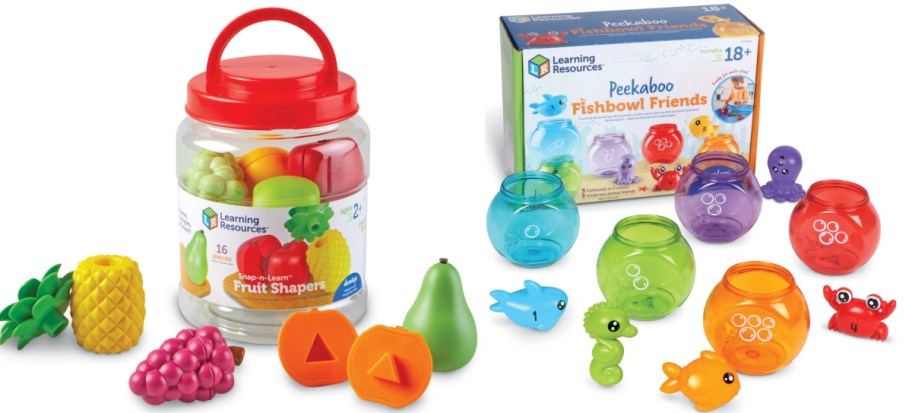 Learning Resources toys displayed side by side, featuring the Snap-n-Learn Fruit Shapers set with a storage jar and fruit pieces on the left and the Peekaboo Fishbowl Friends set with colorful fishbowls and sea animal toys on the right.