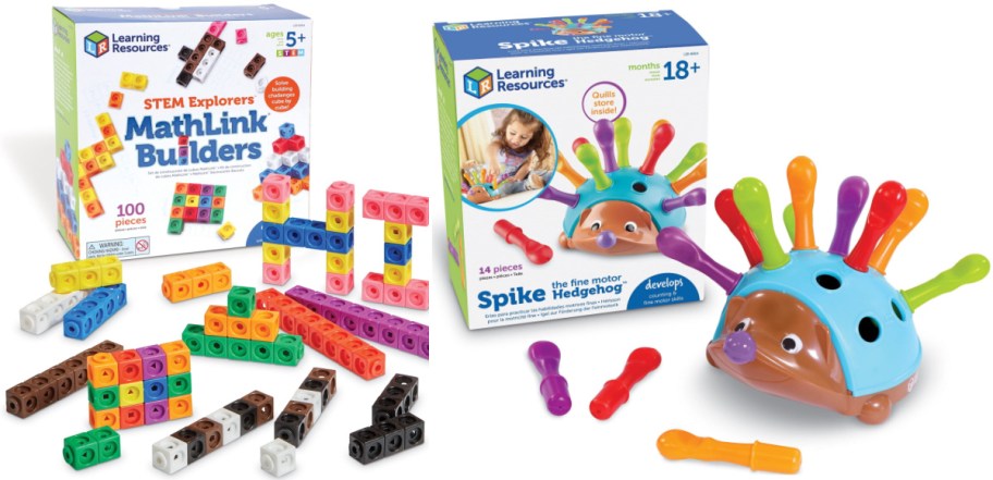 Learning Resources toys displayed side by side, featuring a box and loose pieces of STEM Explorers MathLink Builders on the left and a Spike the Fine Motor Hedgehog toy next to its box on the right.
