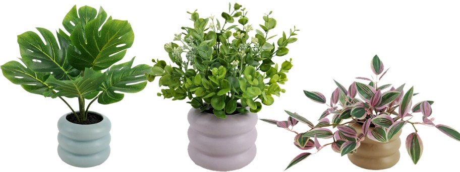 three faux plants in bubble planters