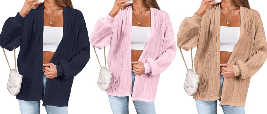 three women modeling navy blue, pink, and tan cardigans