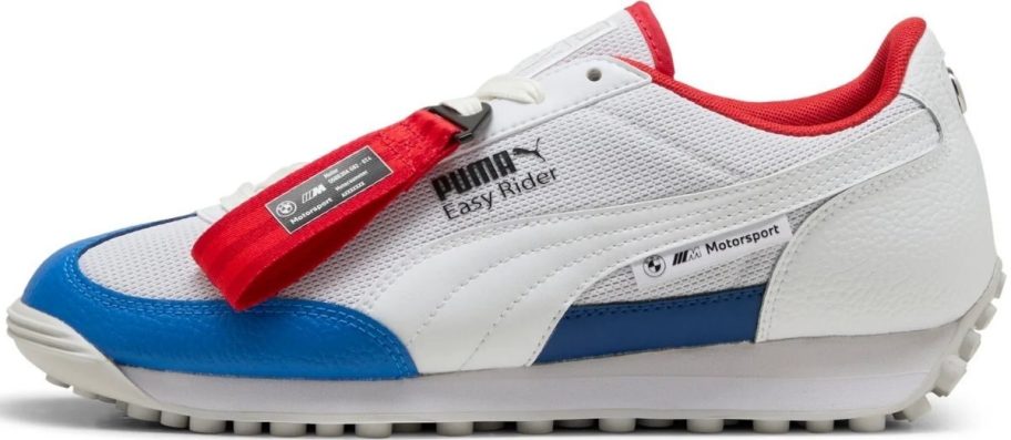 a white mens sneaker with red and blue accents