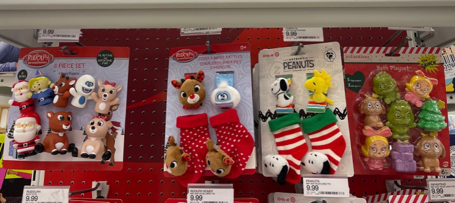 Rudolph the Red-Nosed Reindeer Finger Puppets, Holiday Wrist and Foot Rattle Set, Peanuts Snoopy and Woodstock Rattles and Teethers Set, Infantino Baby Grinch Bath Toy Gift Set