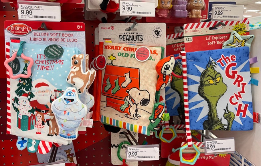 Rudolph the Red-Nosed Reindeer, Peanuts Snoopy, Infantino The Grinch Holiday Deluxe Soft Books w: Plush Toys