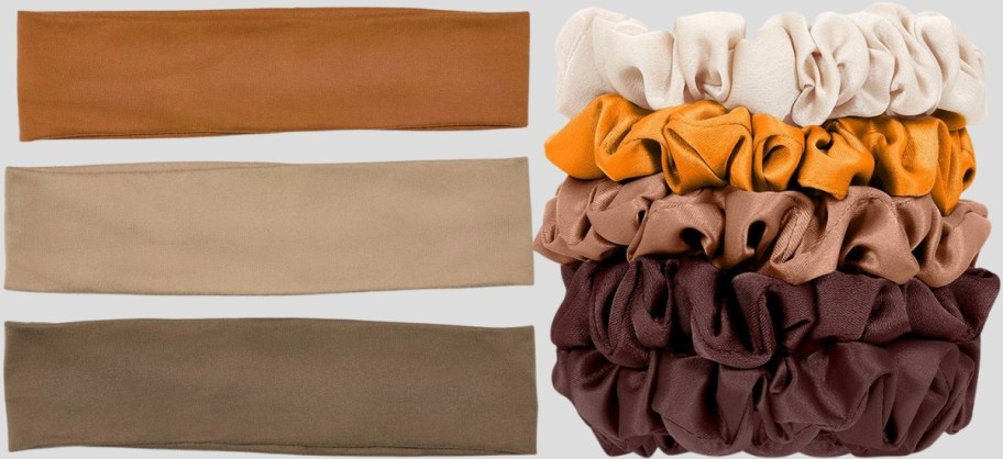 three fabric headbands and Stack of scrunchies