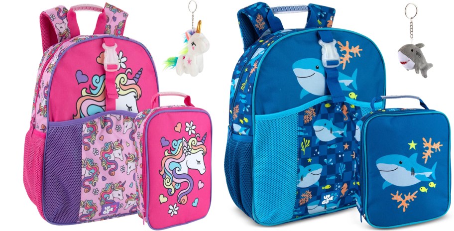 unicorn and shark backpacks, lunch bags, and keychains 