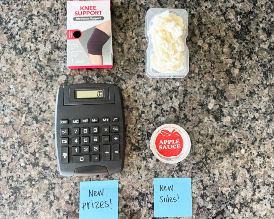knee brace and large calculator next to applesauce and mashed potatoes