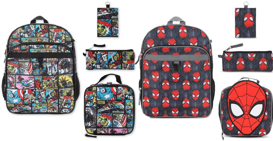 avengers and spiderman backpacks, lunch bags, id badges, and pencil bag 