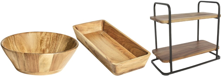 Three wooden kitchen items: a round bowl, a rectangular tray, and a two-tiered shelf with metal supports.