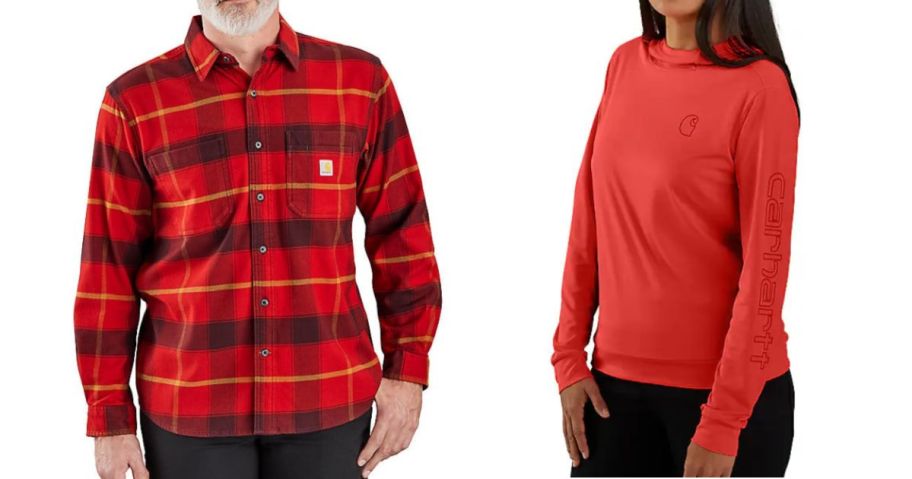 a man wearing a plaid carhartt shirt and a women wearing a long sleeve carhartt shirt