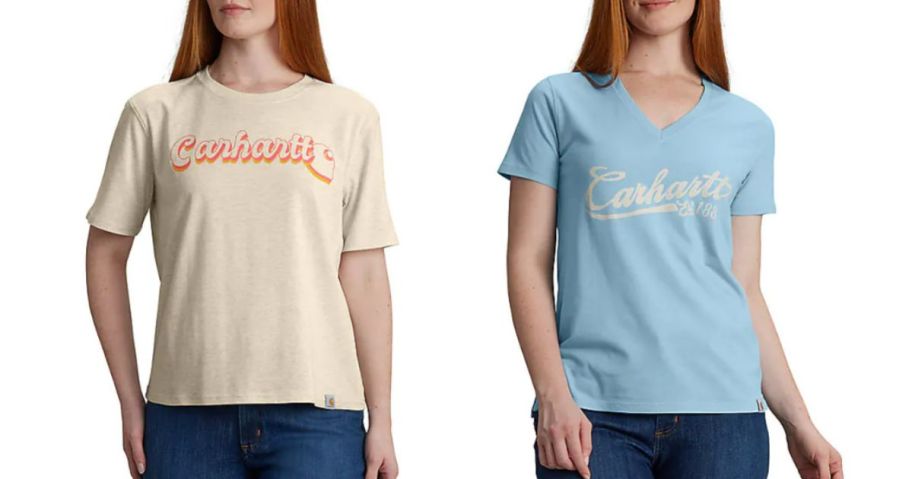 two women wearing carhartt shirts