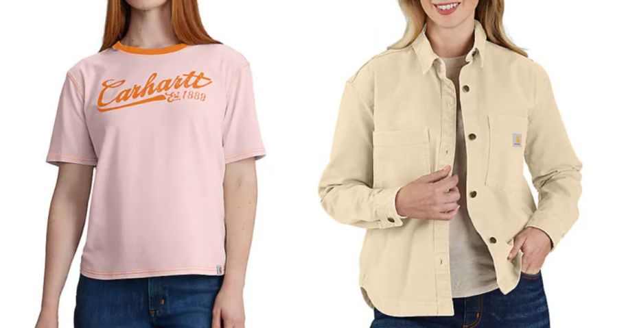 two women wearing carhartt shirts