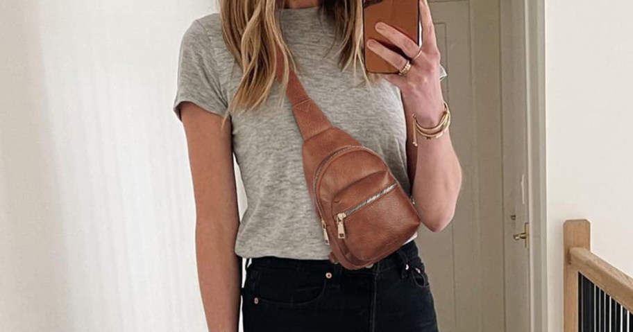 woman wearing sling bag