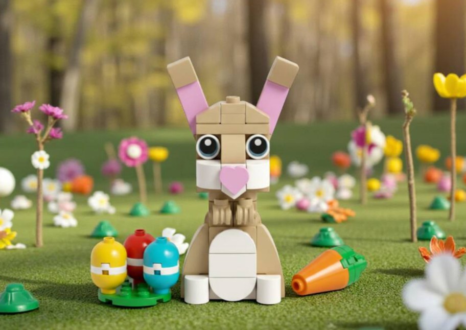 tan lego bunny in meadow background
