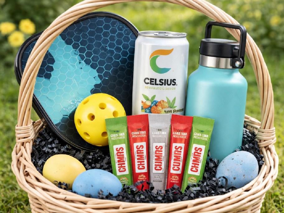 chomplings sticks, blue water bottle, and celsius in basket