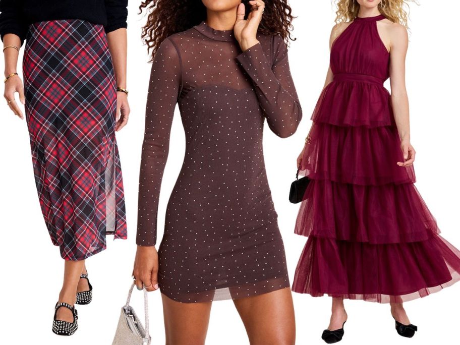 three women wearing francescas skirt and dresses