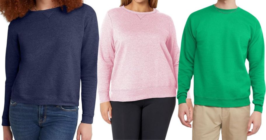 two women and a man wearing hanes sweatshirts