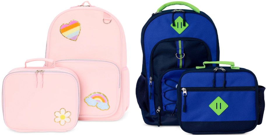 pink and blue backpacks with lunch bags 