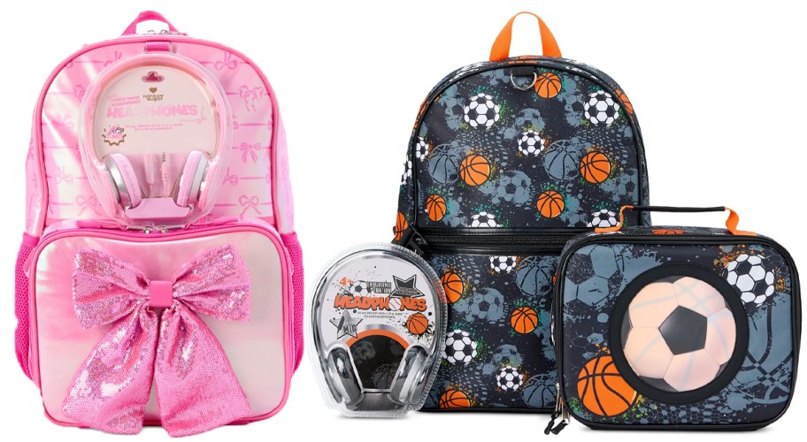 pink and sports backpack, headphones and lunch bags 