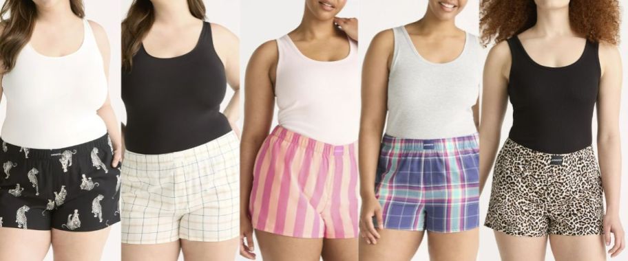 various woman wearing different styles of boxer shorts