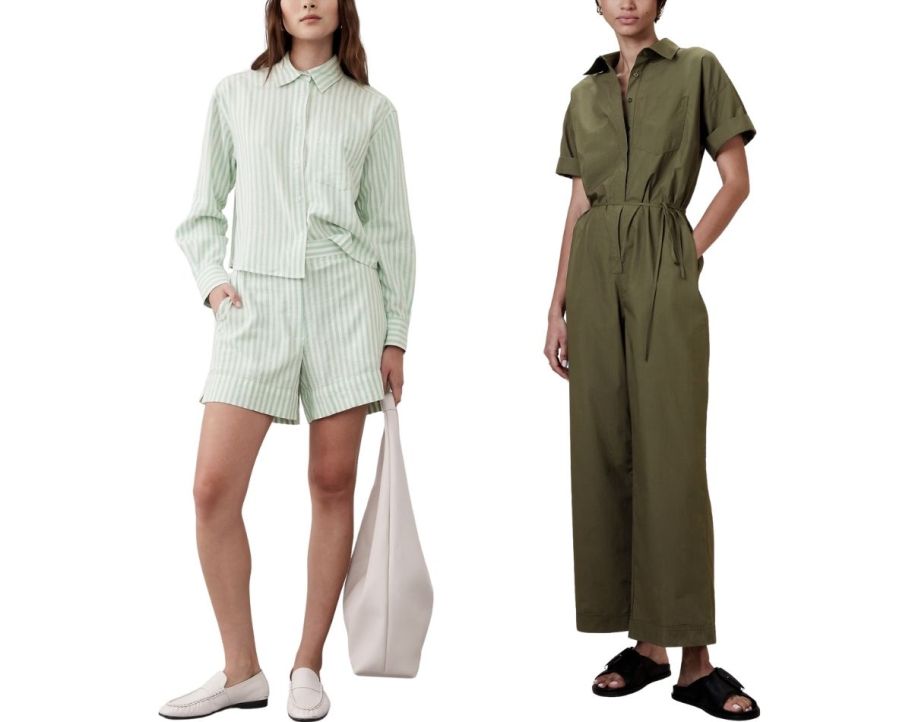 a woman in linen blend shorts and a woman in a green short sleeve jumpsuit