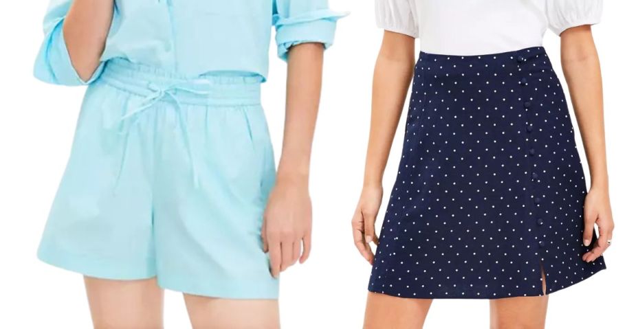two women wearing loft shorts and skirt