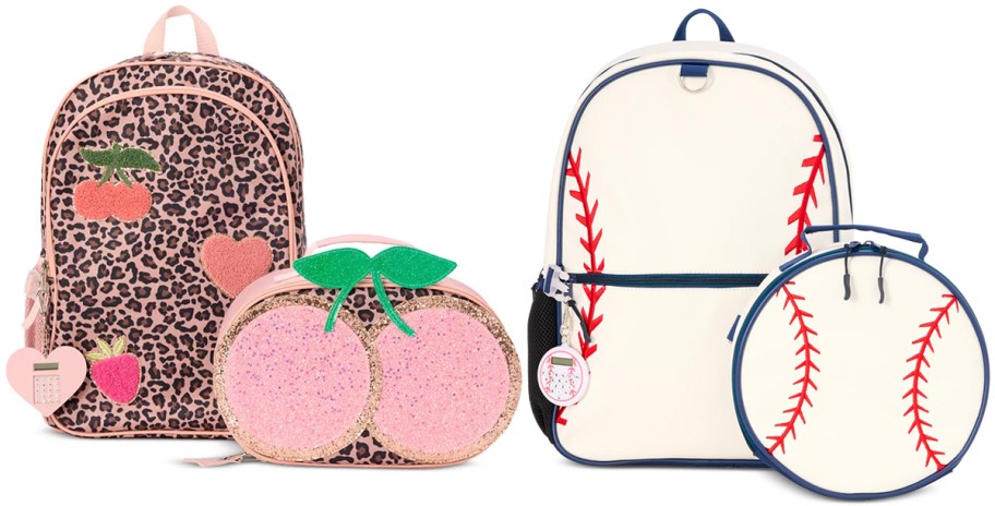 cheetah cherry and baseball backpacks and lunch bags 