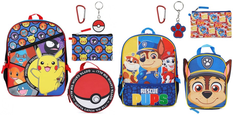 pokemon and paw patrol backpack, lunchboxes, keychains and bags
