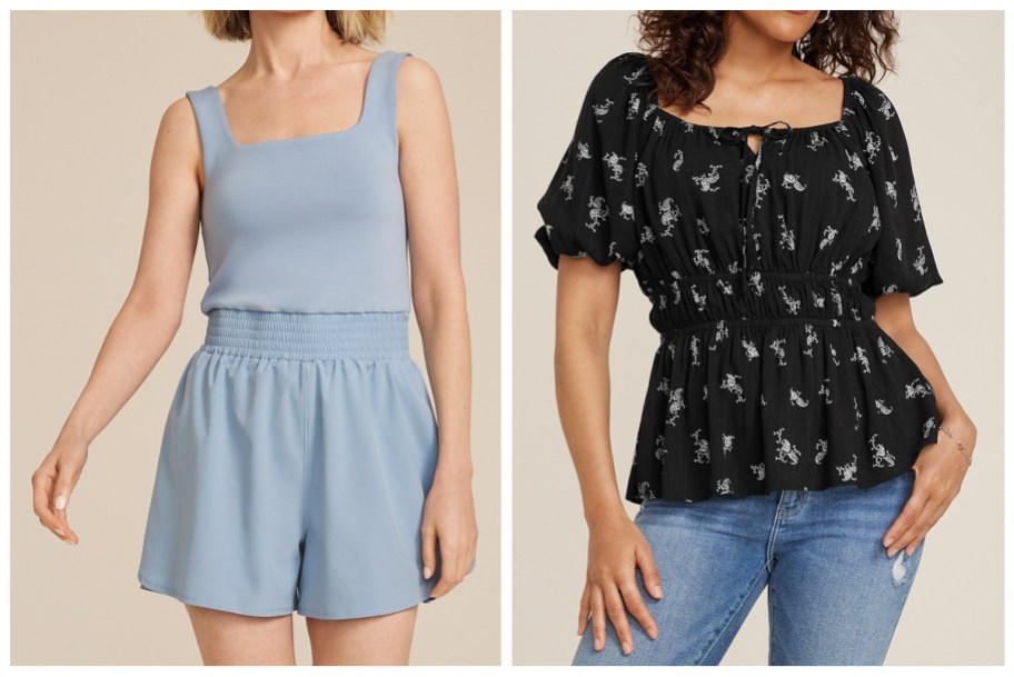 models wearing maurices 24:7 Bare Athleisure Romper and Paisley Tie Front Puff Sleeve Blouse