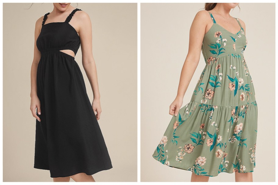maurices Bare Side Cut Out Midi Dress and Bare Printed Tiered Midi Dress