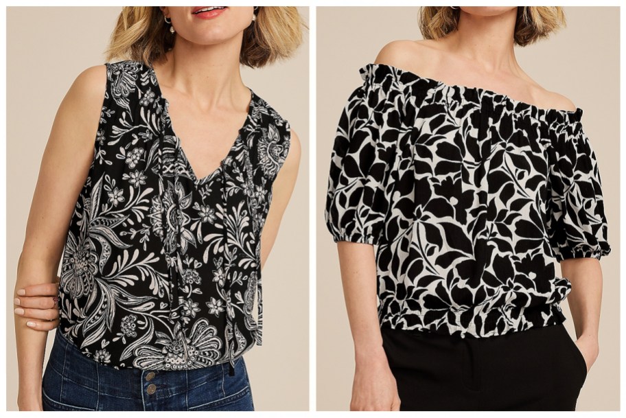 models wearing maurices Tie Front Tank Top and Printed Off The Shoulder Top