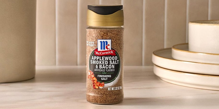 applewood bacon finishing salt bottle on counter