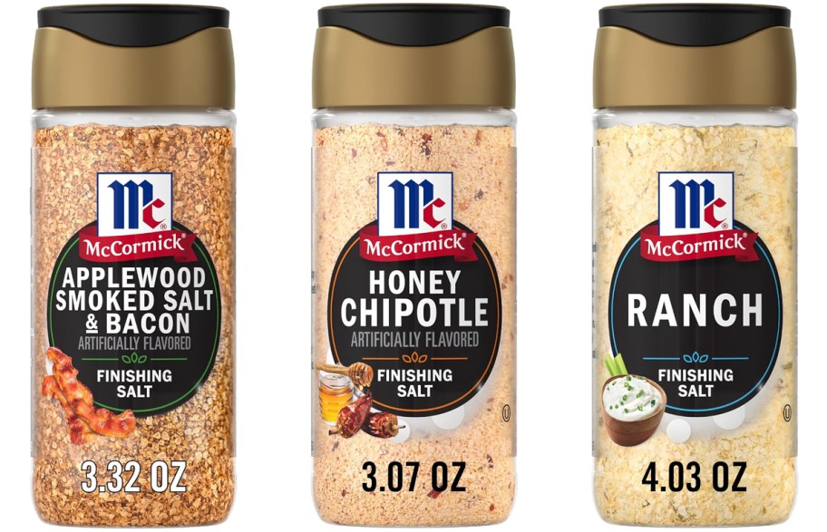mccormick bacon, honey chipotle, and ranch finishing salt bottles 
