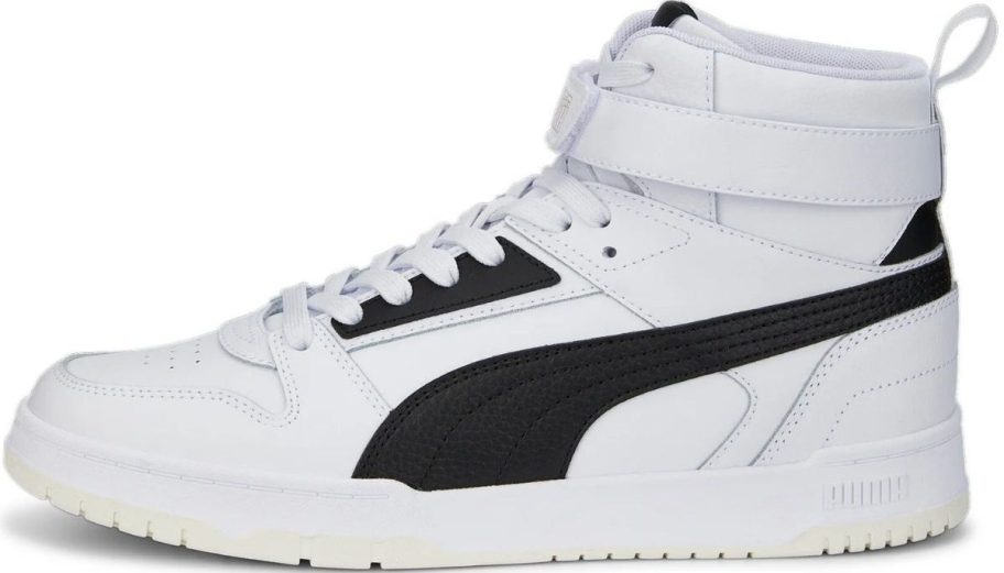 a mens white leather high top sneaker with a black stripe down the side