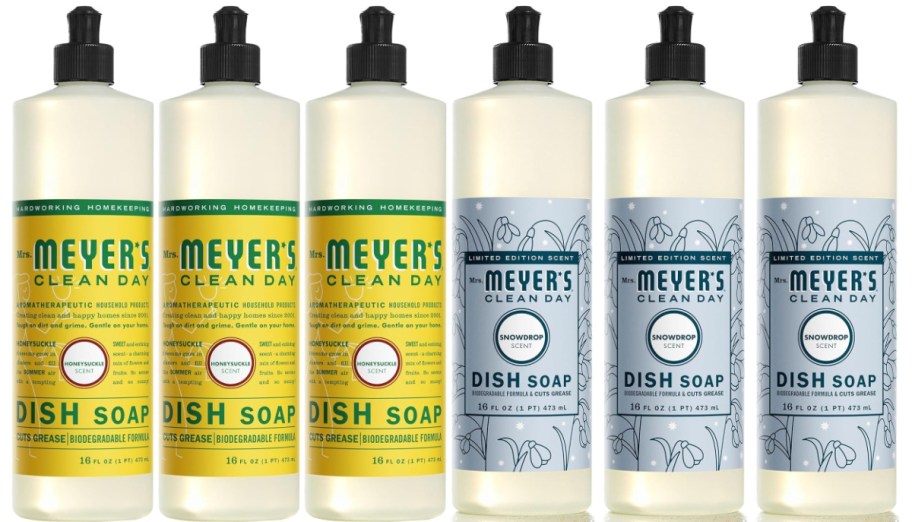 Two 3-packs of Mrs. Meyers dish soap.