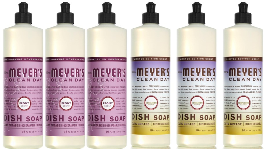 Two 3-packs of Mrs. Meyers dish soap.