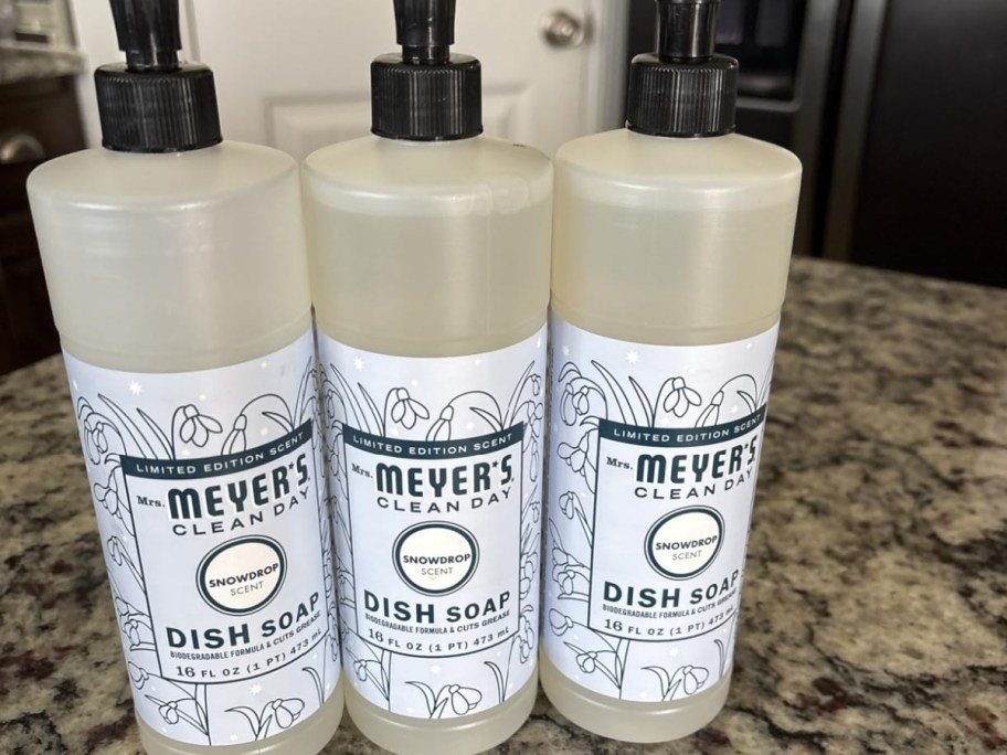 Three bottles of Mrs Meyers snowdrop dish soap.