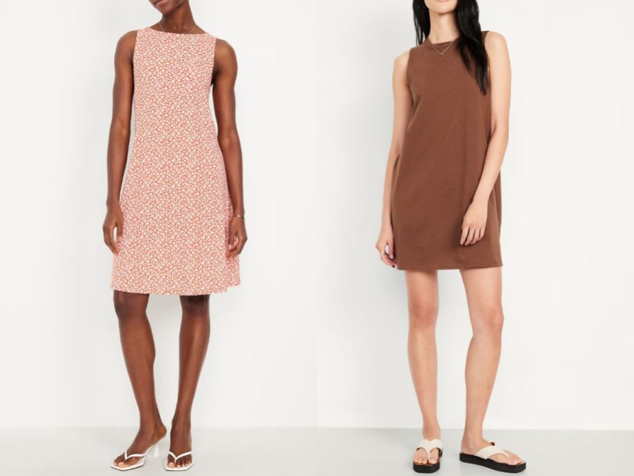 a woman wearing an old navy printed swing dress and a woman wearing a brown old navy t-shirt dress