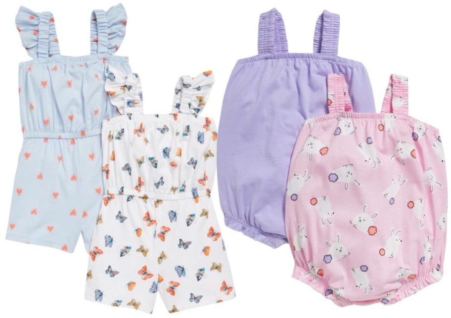 a pair of old navy toddler girl printed rompers and a solid purple and bunny print old navy baby romper stock image