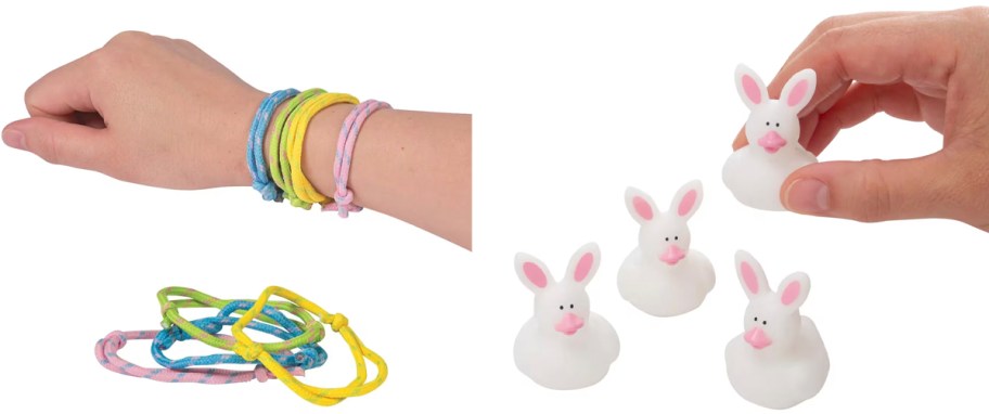 colorful bracelets and white duck bunnies 