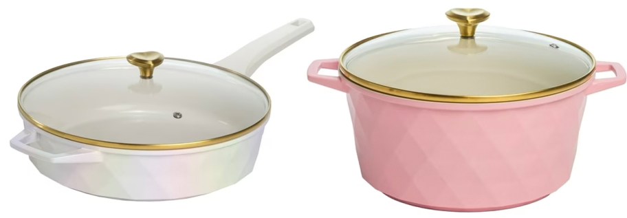 white pan and pink dutch oven 