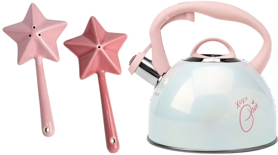 pink star salt and pepper shakers and white and pink tea kettle 