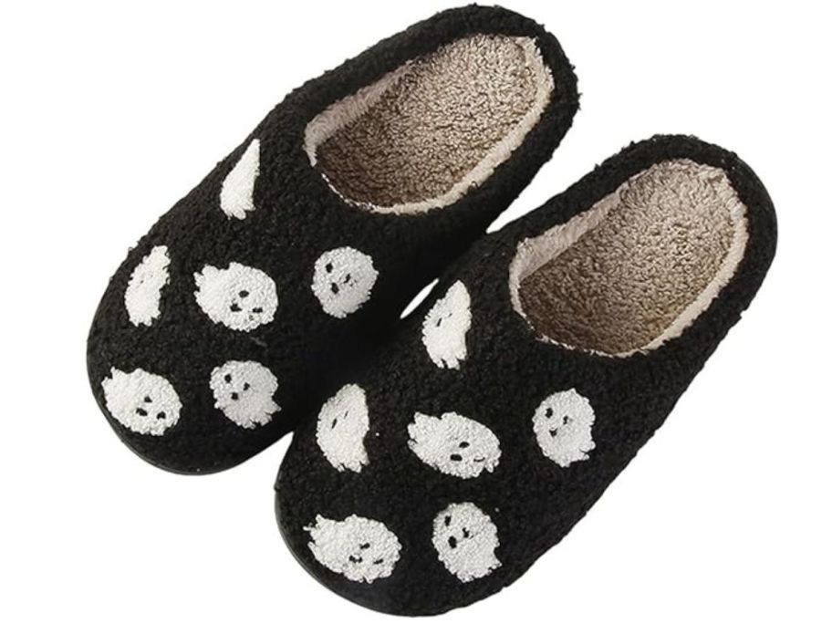 black and white slippers with ghosts on them