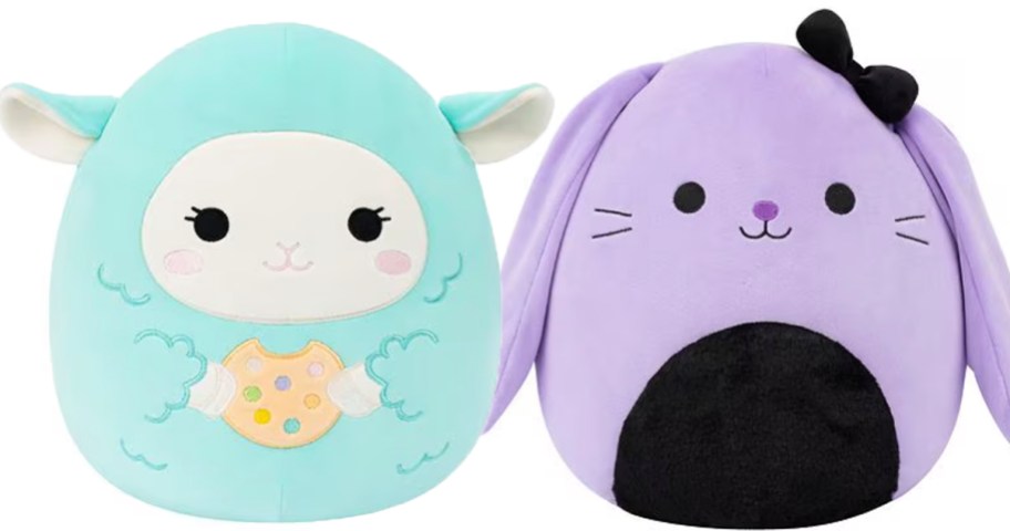 blue lamb and purple bunny plushes